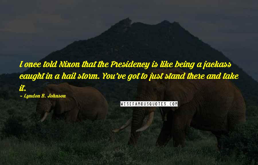 Lyndon B. Johnson Quotes: I once told Nixon that the Presidency is like being a jackass caught in a hail storm. You've got to just stand there and take it.