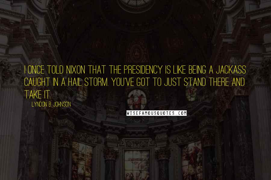 Lyndon B. Johnson Quotes: I once told Nixon that the Presidency is like being a jackass caught in a hail storm. You've got to just stand there and take it.