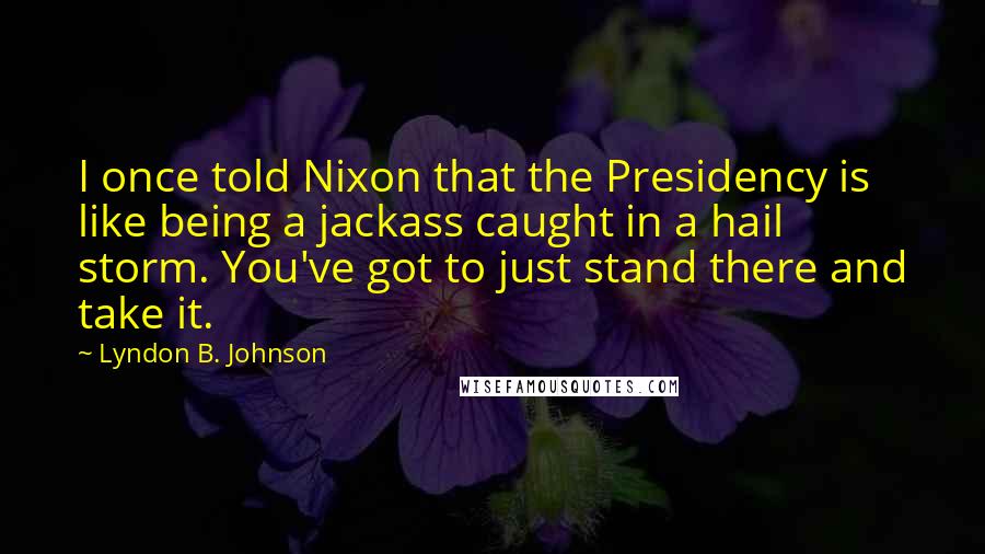 Lyndon B. Johnson Quotes: I once told Nixon that the Presidency is like being a jackass caught in a hail storm. You've got to just stand there and take it.