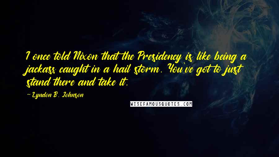 Lyndon B. Johnson Quotes: I once told Nixon that the Presidency is like being a jackass caught in a hail storm. You've got to just stand there and take it.
