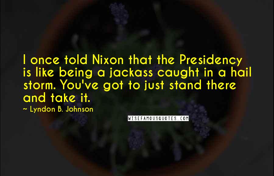 Lyndon B. Johnson Quotes: I once told Nixon that the Presidency is like being a jackass caught in a hail storm. You've got to just stand there and take it.