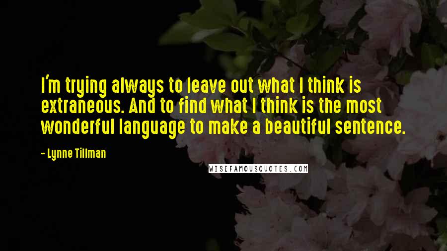 Lynne Tillman Quotes: I'm trying always to leave out what I think is extraneous. And to find what I think is the most wonderful language to make a beautiful sentence.