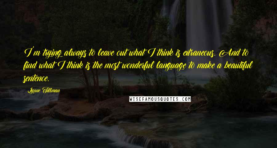 Lynne Tillman Quotes: I'm trying always to leave out what I think is extraneous. And to find what I think is the most wonderful language to make a beautiful sentence.