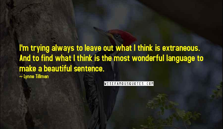 Lynne Tillman Quotes: I'm trying always to leave out what I think is extraneous. And to find what I think is the most wonderful language to make a beautiful sentence.