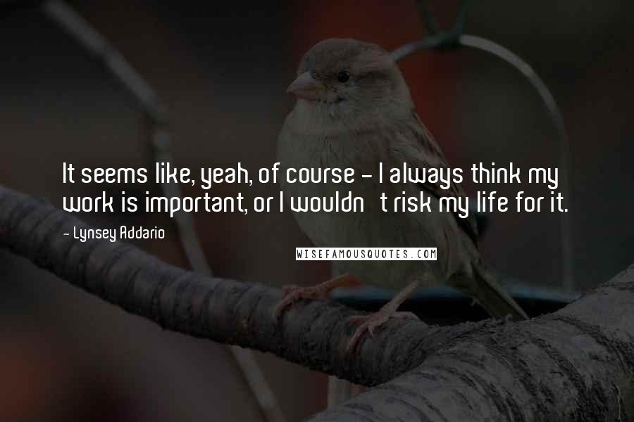 Lynsey Addario Quotes: It seems like, yeah, of course - I always think my work is important, or I wouldn't risk my life for it.