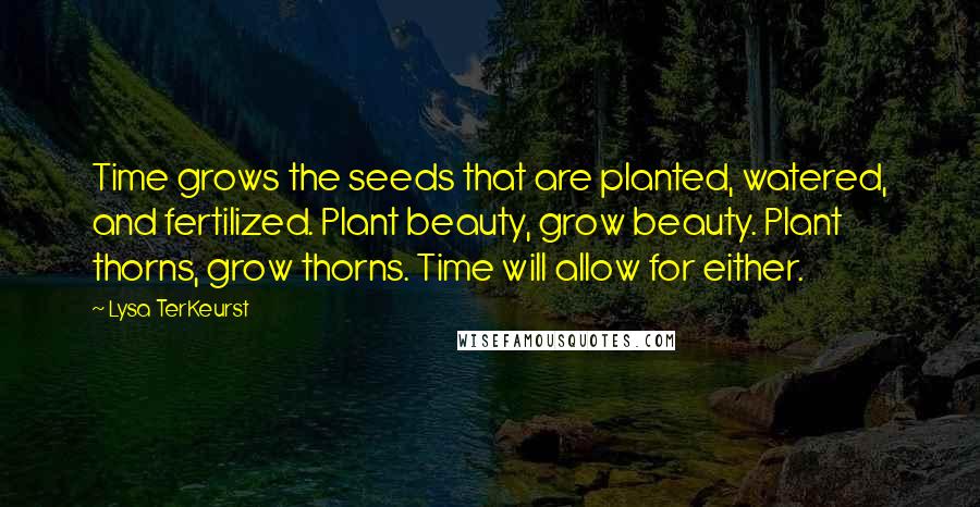 Lysa TerKeurst Quotes: Time grows the seeds that are planted, watered, and fertilized. Plant beauty, grow beauty. Plant thorns, grow thorns. Time will allow for either.