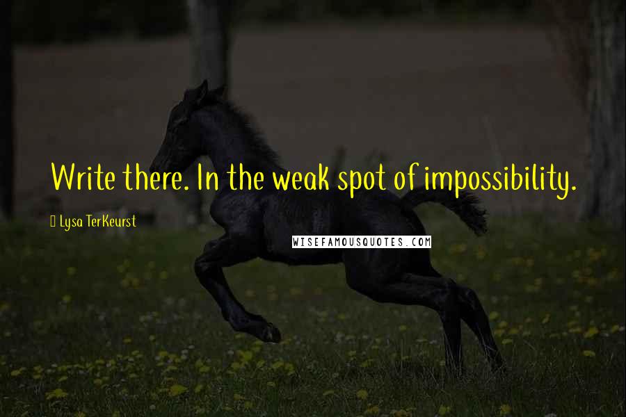 Lysa TerKeurst Quotes: Write there. In the weak spot of impossibility.