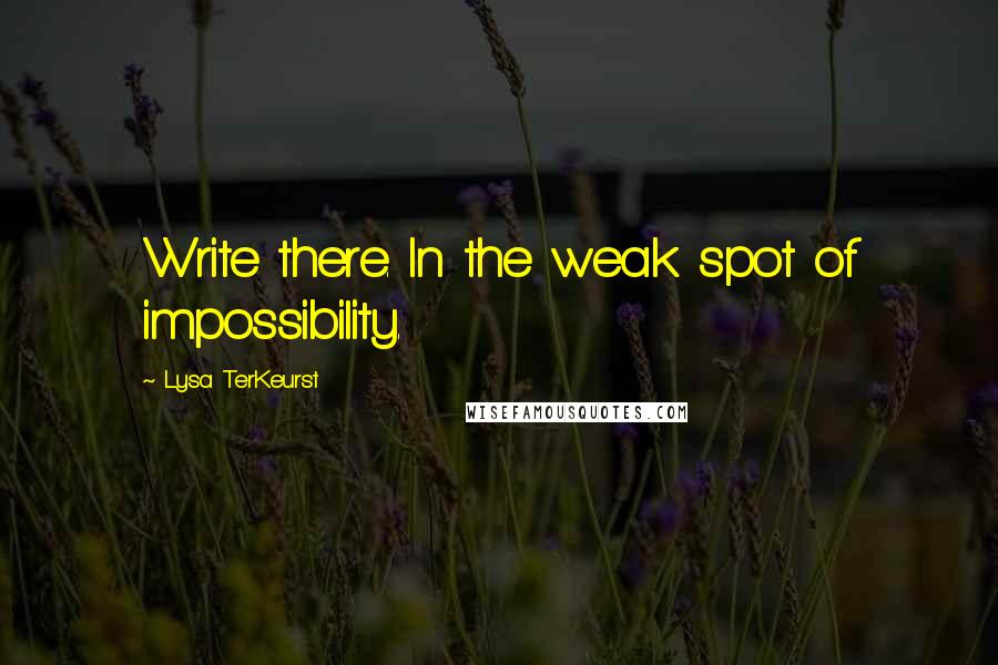 Lysa TerKeurst Quotes: Write there. In the weak spot of impossibility.