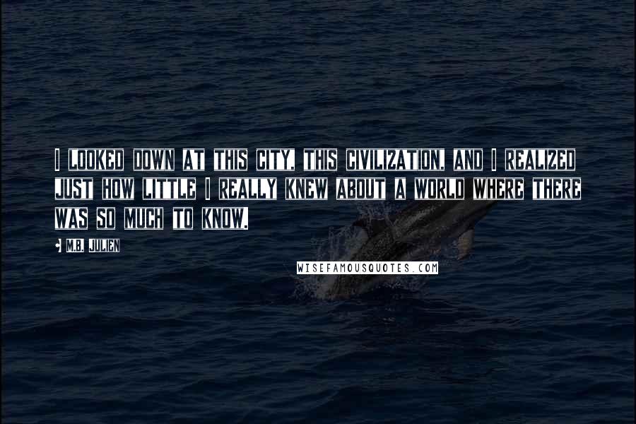M.B. Julien Quotes: I looked down at this city, this civilization, and I realized just how little I really knew about a world where there was so much to know.