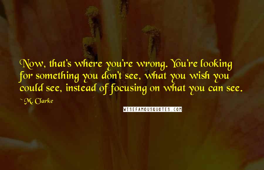 M. Clarke Quotes: Now, that's where you're wrong. You're looking for something you don't see, what you wish you could see, instead of focusing on what you can see.