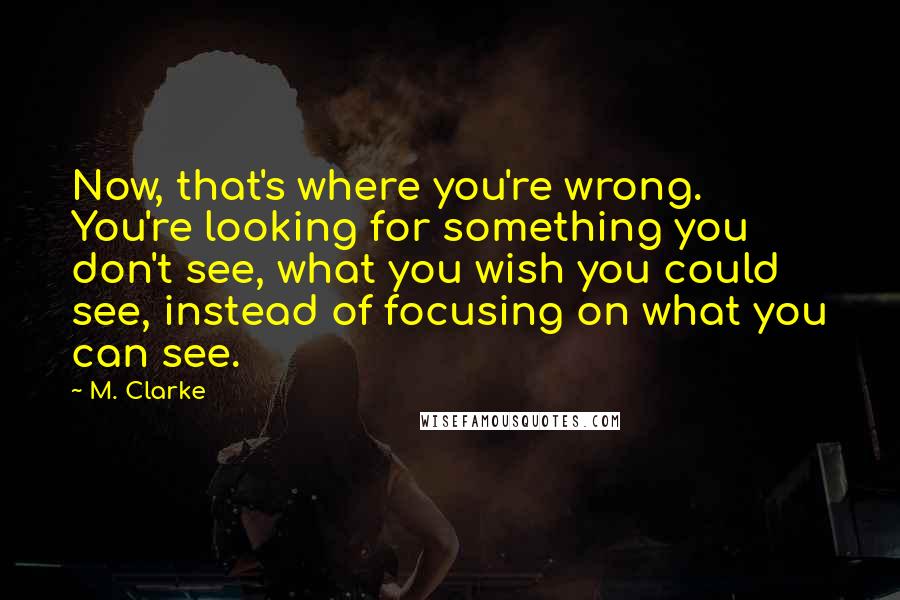 M. Clarke Quotes: Now, that's where you're wrong. You're looking for something you don't see, what you wish you could see, instead of focusing on what you can see.