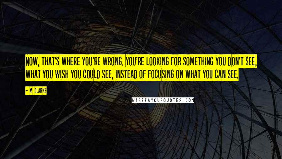 M. Clarke Quotes: Now, that's where you're wrong. You're looking for something you don't see, what you wish you could see, instead of focusing on what you can see.