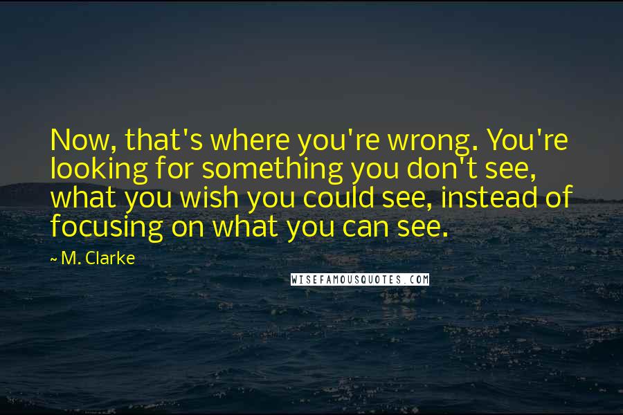 M. Clarke Quotes: Now, that's where you're wrong. You're looking for something you don't see, what you wish you could see, instead of focusing on what you can see.