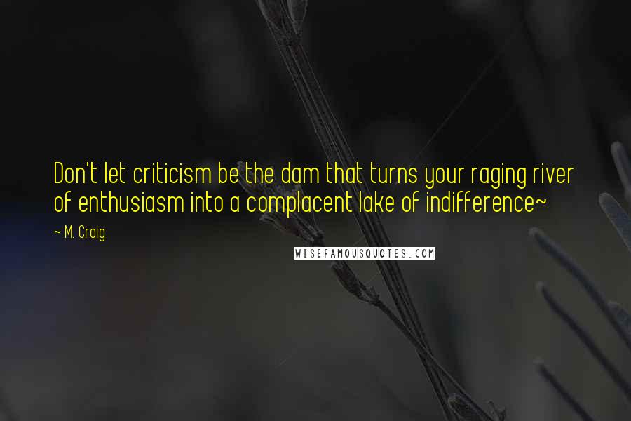 M. Craig Quotes: Don't let criticism be the dam that turns your raging river of enthusiasm into a complacent lake of indifference~