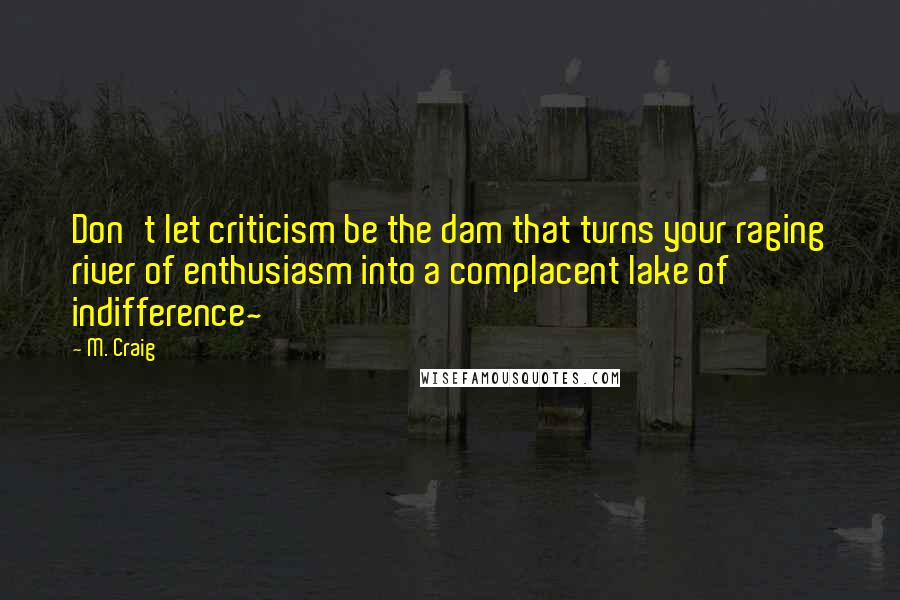 M. Craig Quotes: Don't let criticism be the dam that turns your raging river of enthusiasm into a complacent lake of indifference~