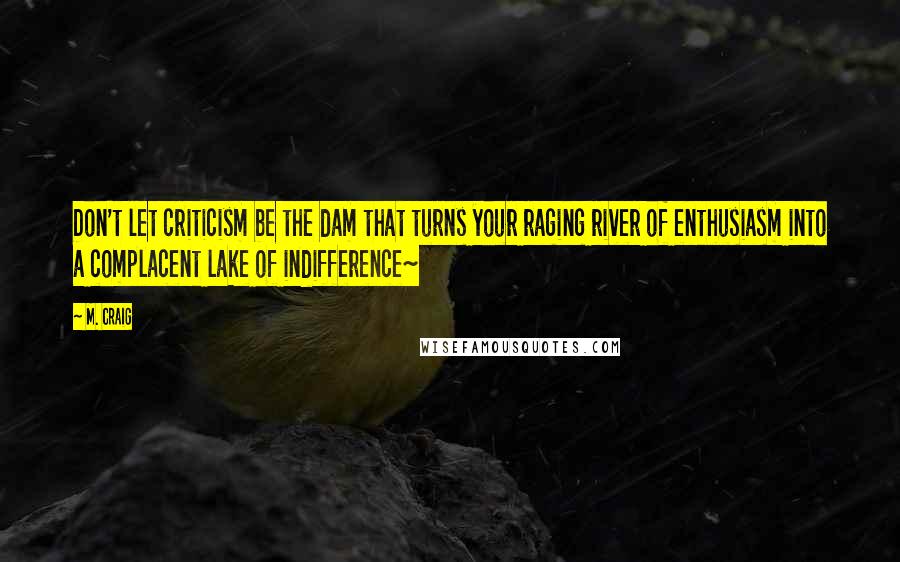 M. Craig Quotes: Don't let criticism be the dam that turns your raging river of enthusiasm into a complacent lake of indifference~