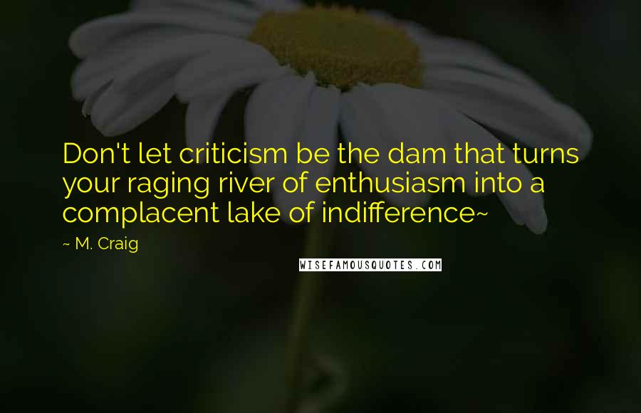 M. Craig Quotes: Don't let criticism be the dam that turns your raging river of enthusiasm into a complacent lake of indifference~