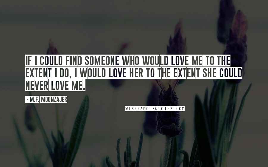 M.F. Moonzajer Quotes: If I could find someone who would love me to the extent I do, I would love her to the extent she could never love me.