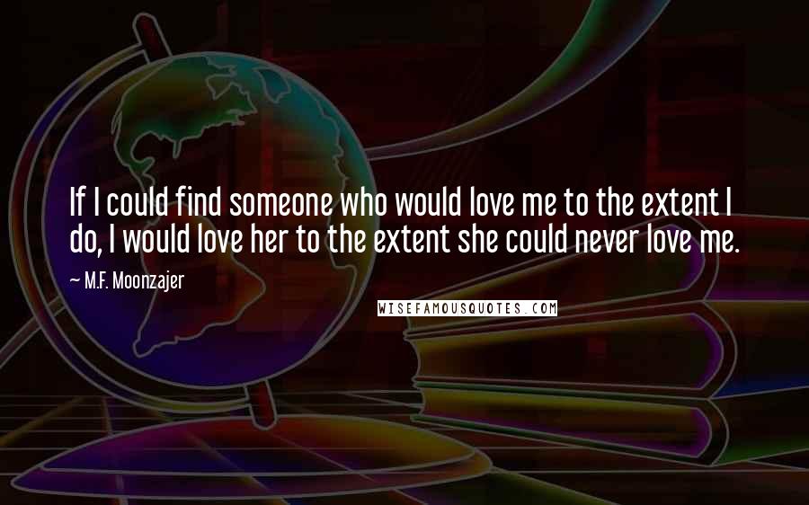 M.F. Moonzajer Quotes: If I could find someone who would love me to the extent I do, I would love her to the extent she could never love me.