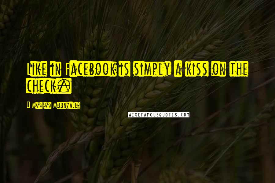 M.F. Moonzajer Quotes: Like in Facebook is simply a kiss on the check.