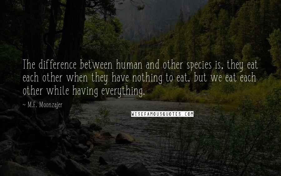 M.F. Moonzajer Quotes: The difference between human and other species is, they eat each other when they have nothing to eat, but we eat each other while having everything.