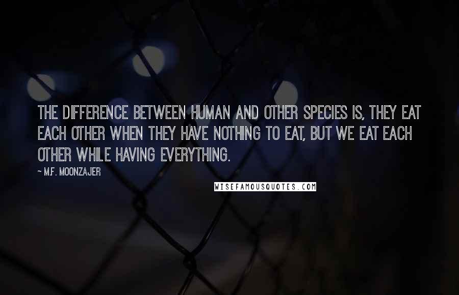 M.F. Moonzajer Quotes: The difference between human and other species is, they eat each other when they have nothing to eat, but we eat each other while having everything.