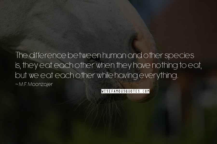 M.F. Moonzajer Quotes: The difference between human and other species is, they eat each other when they have nothing to eat, but we eat each other while having everything.