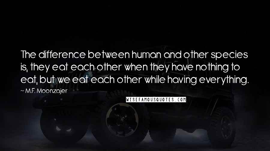 M.F. Moonzajer Quotes: The difference between human and other species is, they eat each other when they have nothing to eat, but we eat each other while having everything.