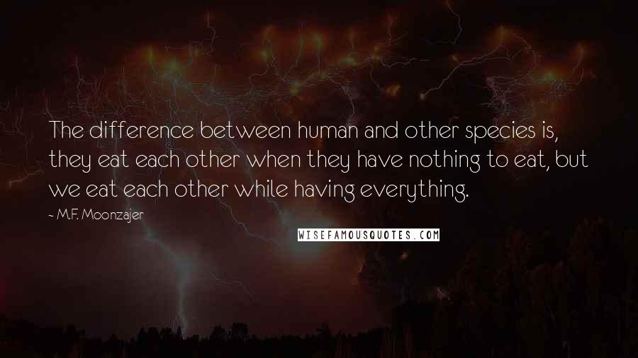 M.F. Moonzajer Quotes: The difference between human and other species is, they eat each other when they have nothing to eat, but we eat each other while having everything.