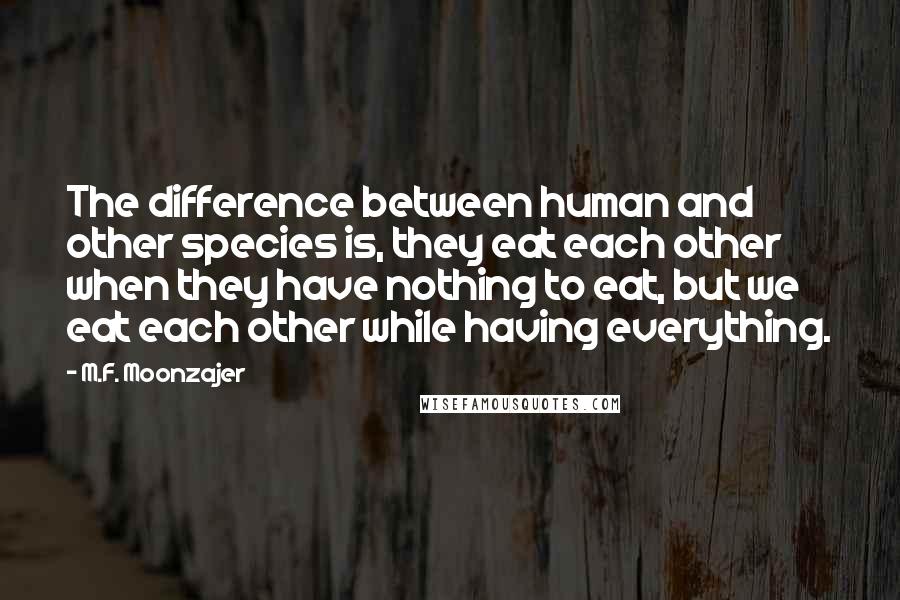 M.F. Moonzajer Quotes: The difference between human and other species is, they eat each other when they have nothing to eat, but we eat each other while having everything.