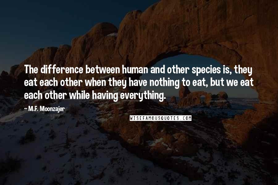 M.F. Moonzajer Quotes: The difference between human and other species is, they eat each other when they have nothing to eat, but we eat each other while having everything.