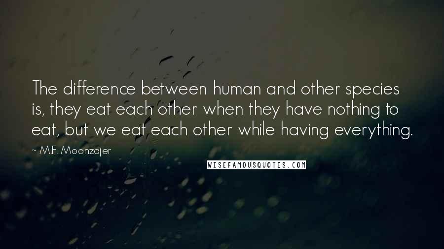 M.F. Moonzajer Quotes: The difference between human and other species is, they eat each other when they have nothing to eat, but we eat each other while having everything.