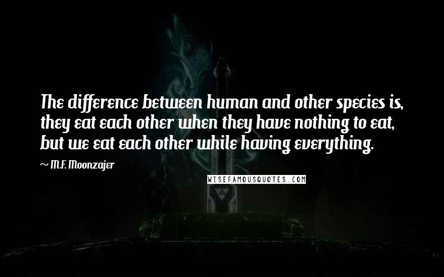 M.F. Moonzajer Quotes: The difference between human and other species is, they eat each other when they have nothing to eat, but we eat each other while having everything.