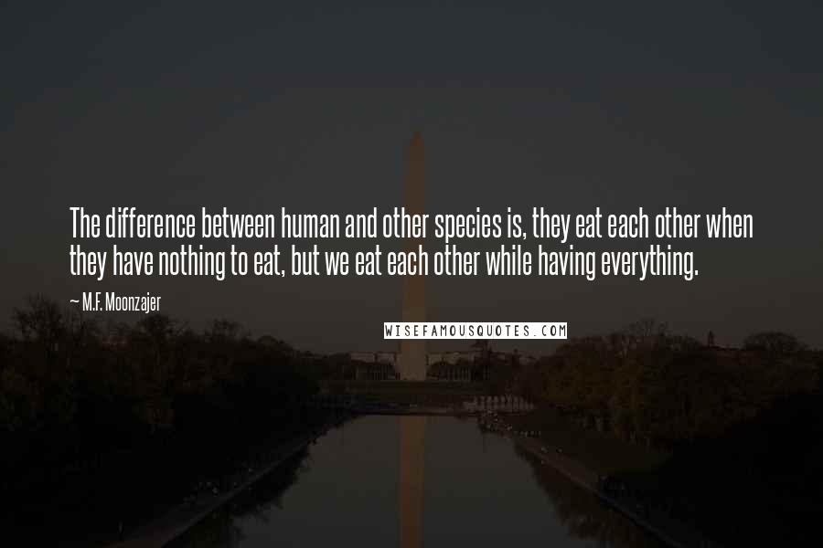 M.F. Moonzajer Quotes: The difference between human and other species is, they eat each other when they have nothing to eat, but we eat each other while having everything.