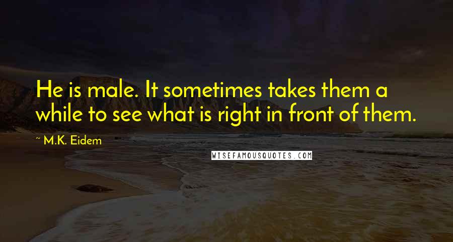 M.K. Eidem Quotes: He is male. It sometimes takes them a while to see what is right in front of them.