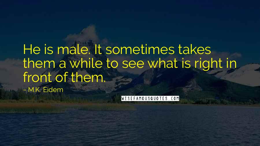 M.K. Eidem Quotes: He is male. It sometimes takes them a while to see what is right in front of them.