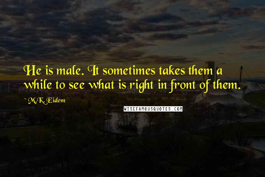 M.K. Eidem Quotes: He is male. It sometimes takes them a while to see what is right in front of them.