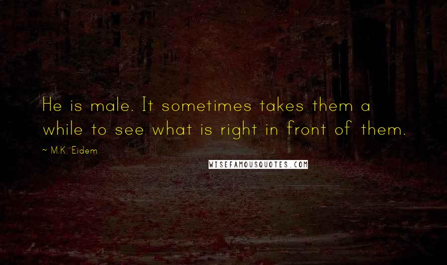 M.K. Eidem Quotes: He is male. It sometimes takes them a while to see what is right in front of them.