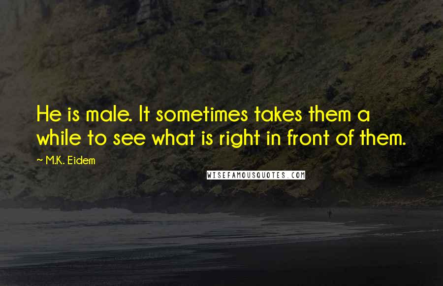 M.K. Eidem Quotes: He is male. It sometimes takes them a while to see what is right in front of them.