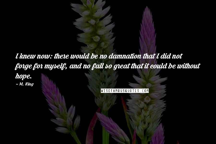 M. King Quotes: I knew now: there would be no damnation that I did not forge for myself, and no fall so great that it could be without hope.