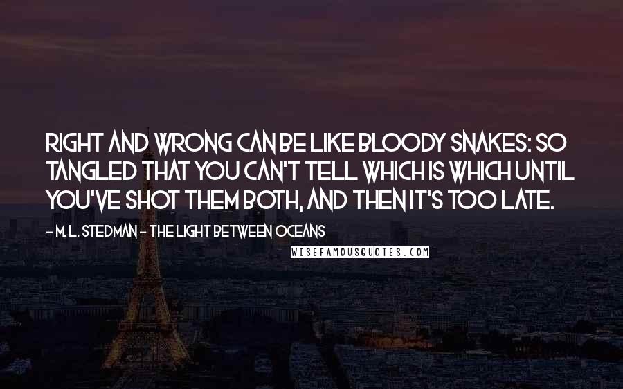 M. L. Stedman - The Light Between Oceans Quotes: Right and wrong can be like bloody snakes: so tangled that you can't tell which is which until you've shot them both, and then it's too late.
