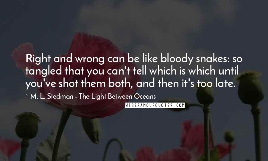 M. L. Stedman - The Light Between Oceans Quotes: Right and wrong can be like bloody snakes: so tangled that you can't tell which is which until you've shot them both, and then it's too late.