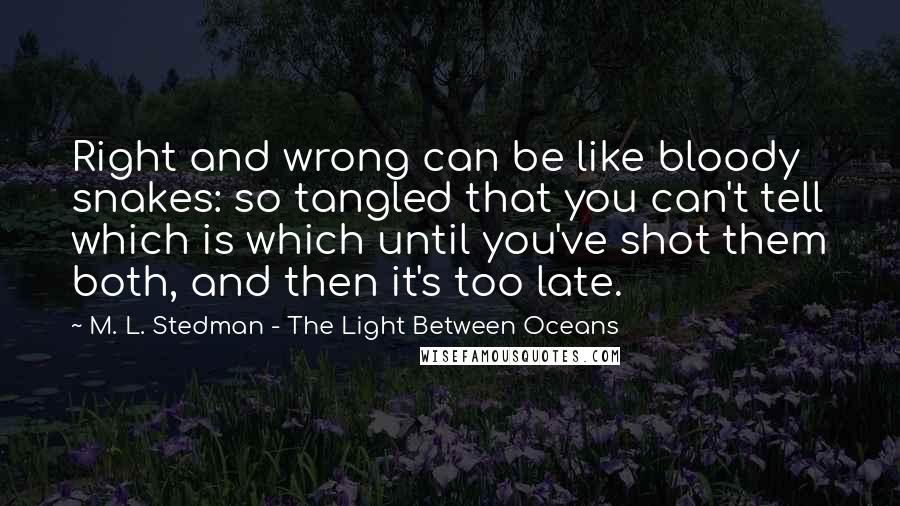 M. L. Stedman - The Light Between Oceans Quotes: Right and wrong can be like bloody snakes: so tangled that you can't tell which is which until you've shot them both, and then it's too late.