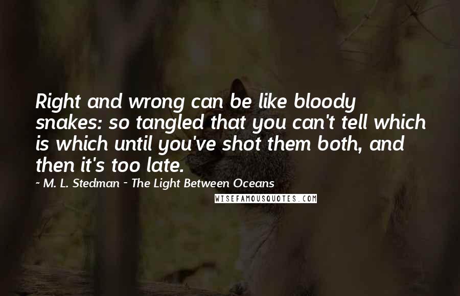 M. L. Stedman - The Light Between Oceans Quotes: Right and wrong can be like bloody snakes: so tangled that you can't tell which is which until you've shot them both, and then it's too late.