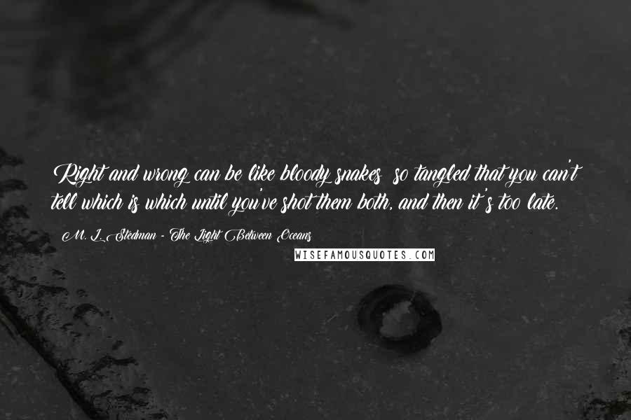 M. L. Stedman - The Light Between Oceans Quotes: Right and wrong can be like bloody snakes: so tangled that you can't tell which is which until you've shot them both, and then it's too late.