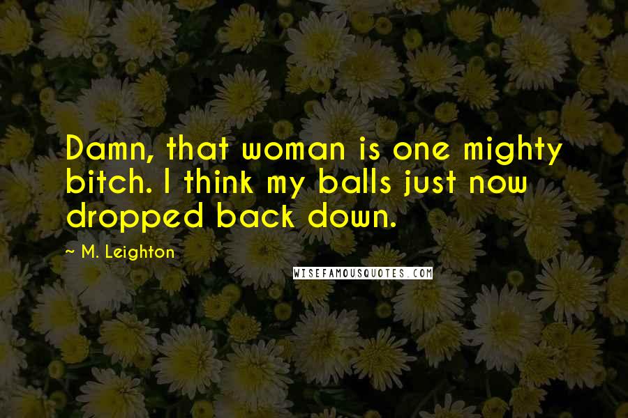 M. Leighton Quotes: Damn, that woman is one mighty bitch. I think my balls just now dropped back down.