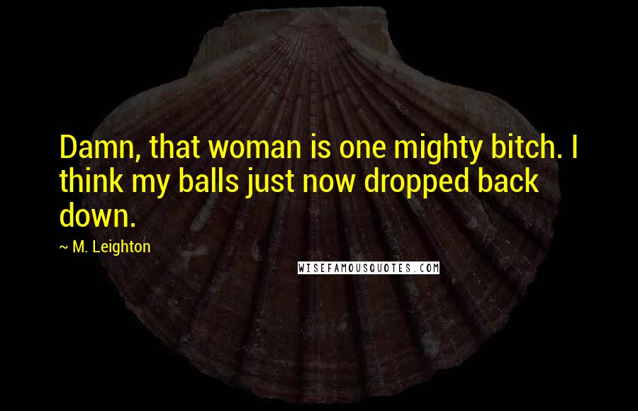 M. Leighton Quotes: Damn, that woman is one mighty bitch. I think my balls just now dropped back down.