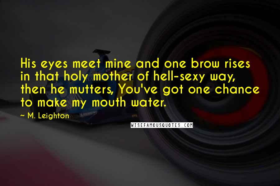 M. Leighton Quotes: His eyes meet mine and one brow rises in that holy mother of hell-sexy way, then he mutters, You've got one chance to make my mouth water.