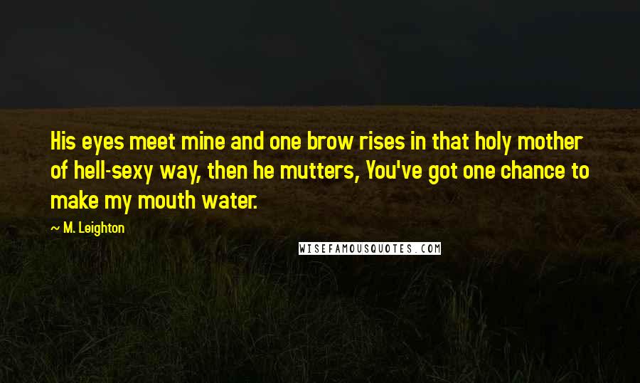 M. Leighton Quotes: His eyes meet mine and one brow rises in that holy mother of hell-sexy way, then he mutters, You've got one chance to make my mouth water.