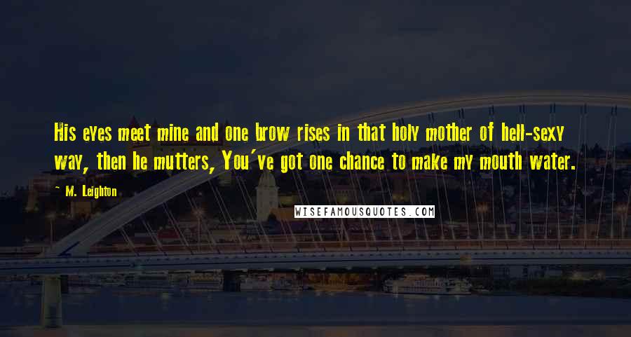 M. Leighton Quotes: His eyes meet mine and one brow rises in that holy mother of hell-sexy way, then he mutters, You've got one chance to make my mouth water.